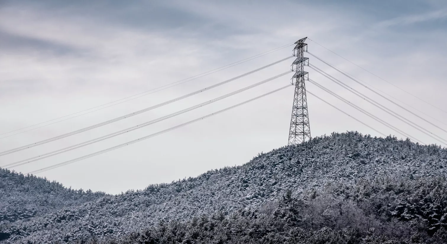 En telekommunikasjonsmast står på toppen av et fjell med snødekt skog i overskyet vær.