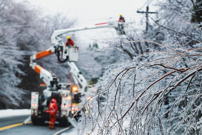 En gruppe med mennesker jobber i en heisekran med en strøm-mast ved en vei. I forgrunnen er det en snødekket busk med frost.